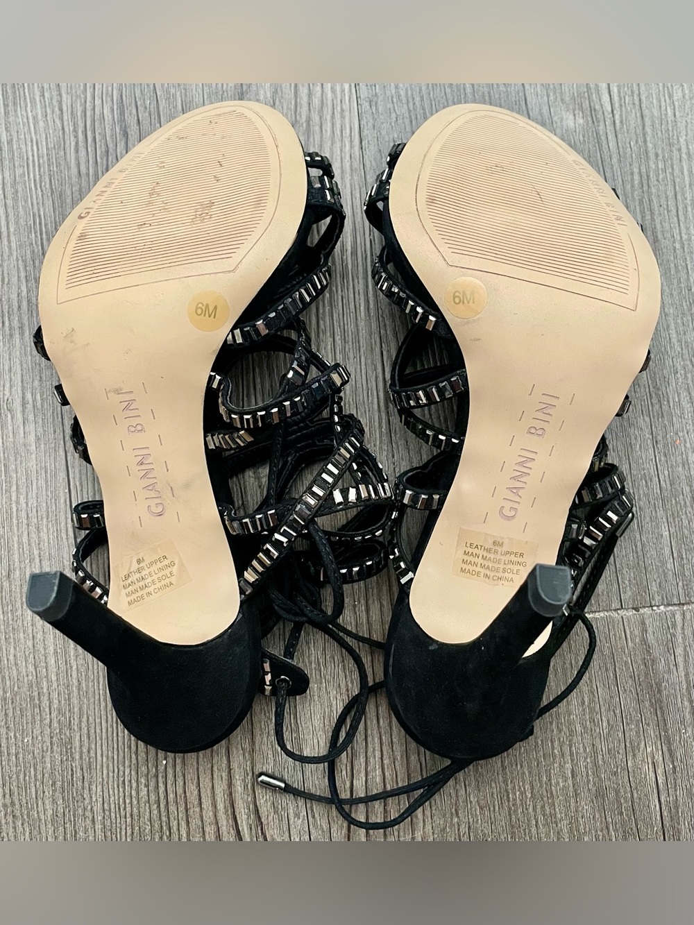 🍸 Gianni Bini Black Strappy Embellished Lace-Up Heels 🍸 - Picture 6 of 7